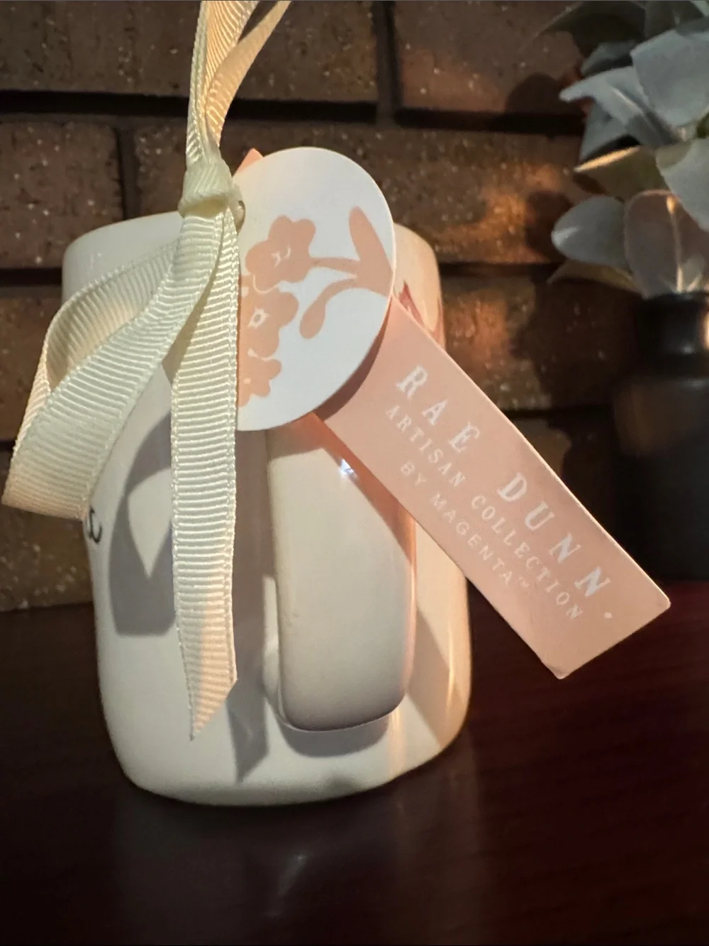 Rae Dunn White Ceramic Mug with Black Script and Pale Pink Bow - Picture 4 of 4